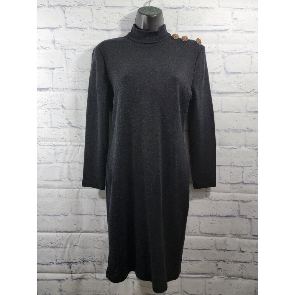 Vintage 90s Petite Jazz Women's Black Sweater Dress Size 8 Button Accent